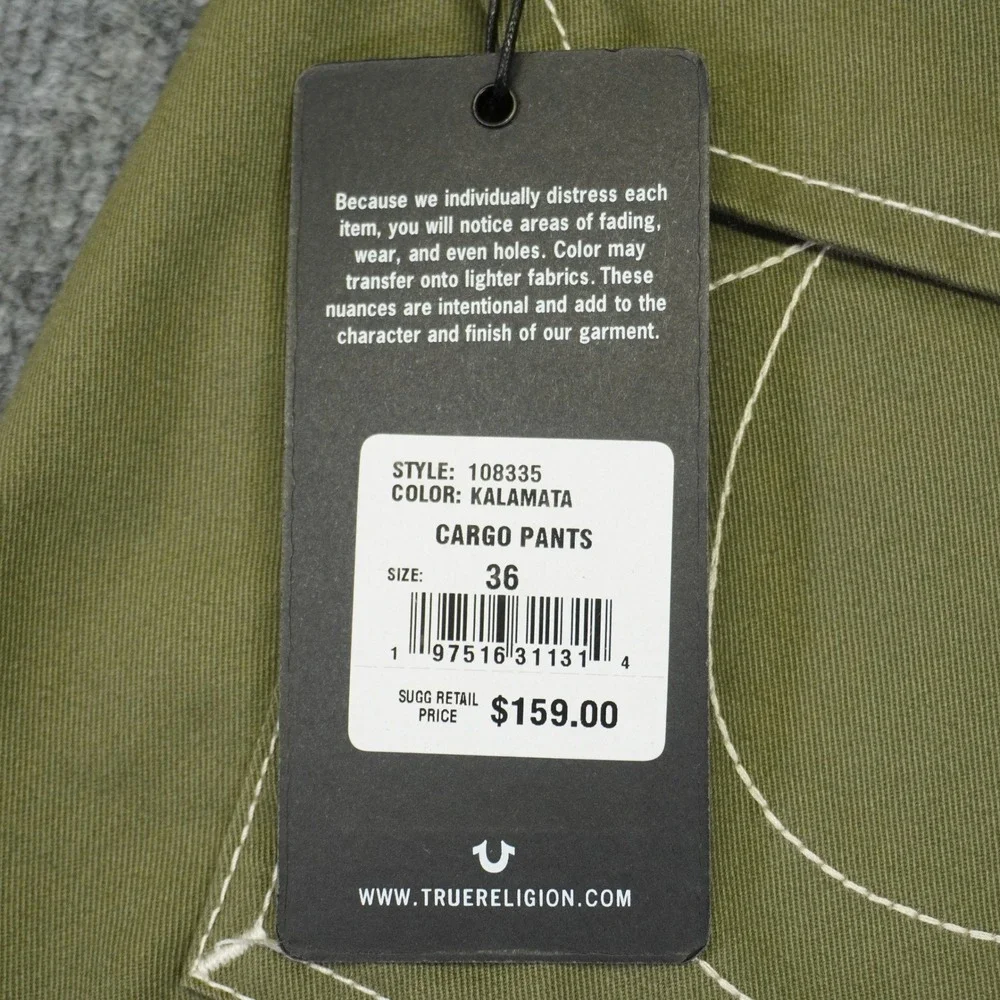 NEW True Religion Cargo Pants Mens 36 Green Contrast Stitch Straight Leg
